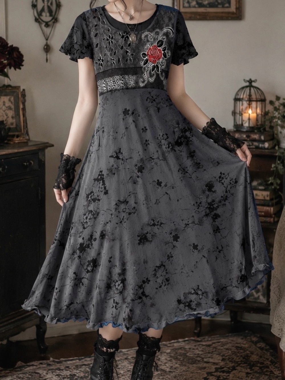 Silk Gothic Rose Midi Short Sleeve Dress Size S Petit Dyed Gray Black Rhinestone